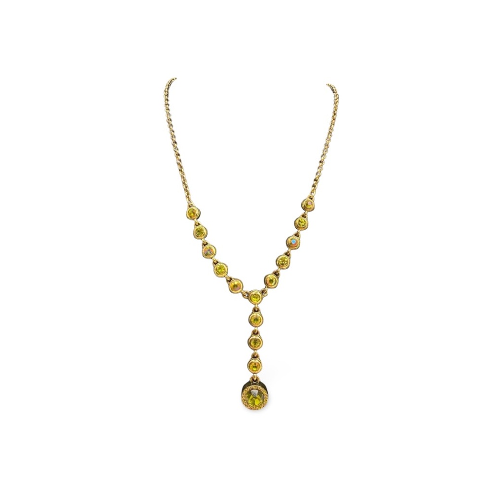 Vintage Avon Gold Tone Green Rhinestone Y Necklace Drop Pendant Statement